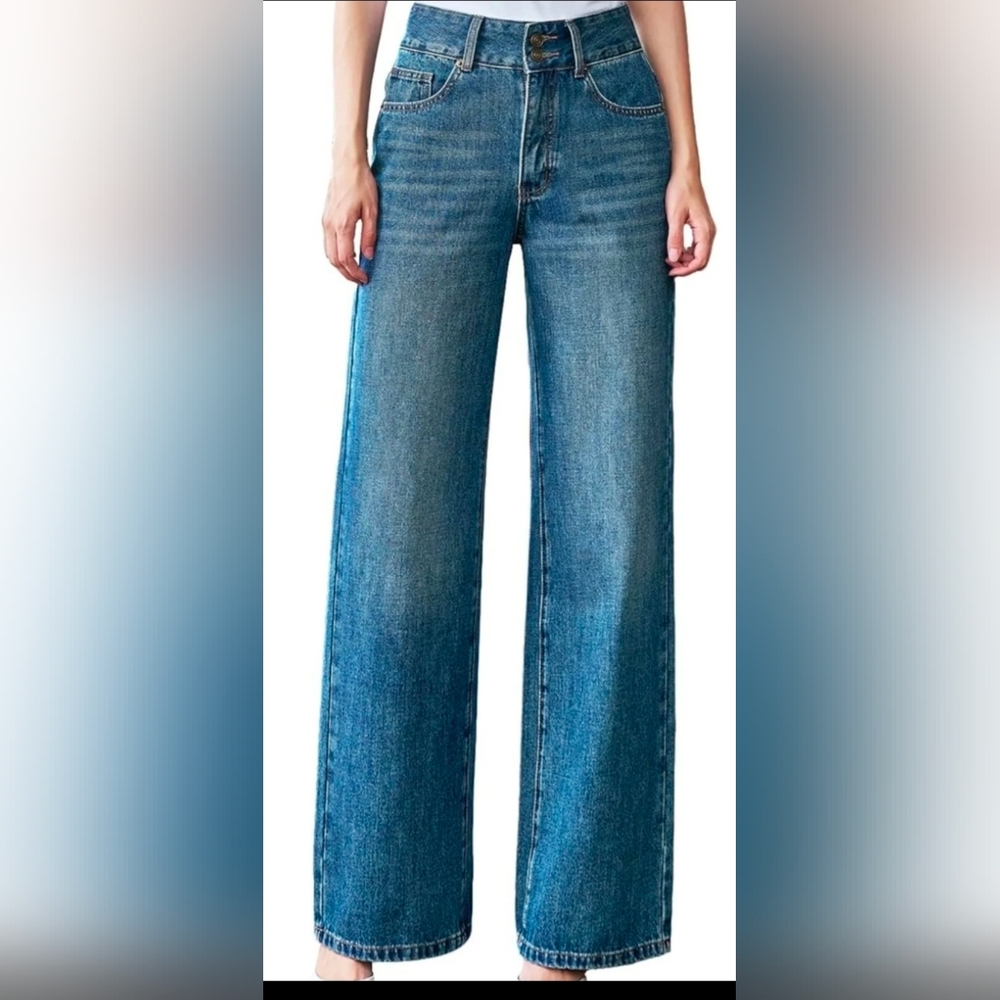 NWT- Women’s High Waisted Baggy Jeans – Stretchy, Wide Leg, Tummy Control. 10